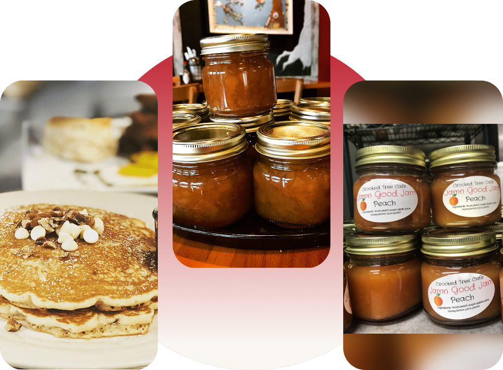 Jars of homemade preserves and a stack of pancakes with syrup.
